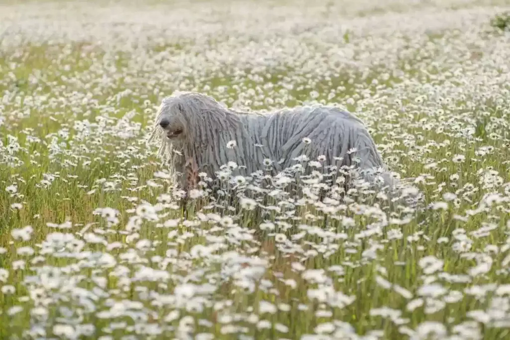 Biały pies o nietypowej sierści – komondor
