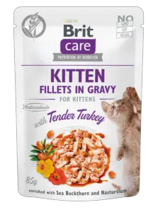 brit care cat pouches kitten fillets in gravy with tender turkey enriched with sea buckthorn and nasturtium