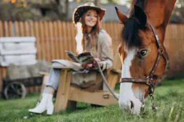 mloda szczesliwa kobieta z koniem przy rancho